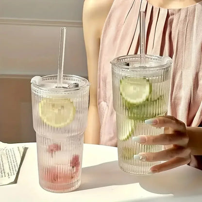 1/2 st 600ml Stripe Glass Cup met deksel en stro en Transparant Juice, Water en Iced Koffie Drinkglas
