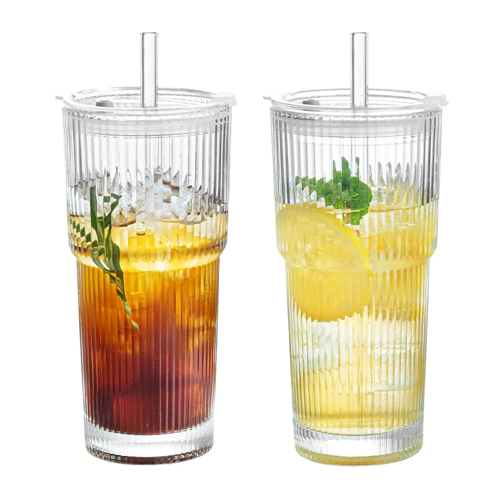 1/2 st 600ml Stripe Glass Cup met deksel en stro en Transparant Juice, Water en Iced Koffie Drinkglas