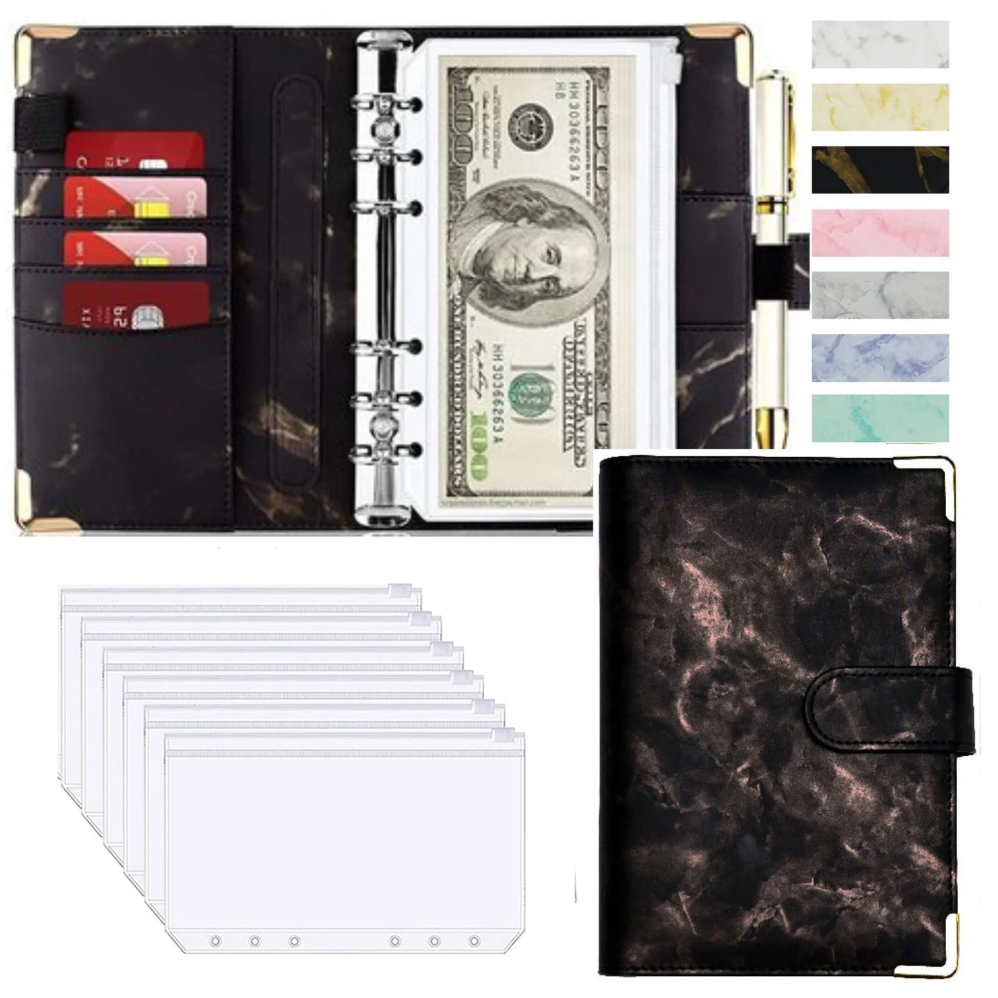 A6 PU Lederen Budget Planner Marble Notebook & Money Saving Organizer for Office, School & Personal Finance
