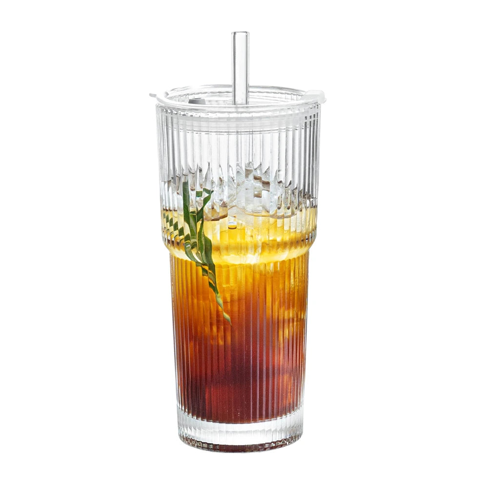 1/2 st 600ml Stripe Glass Cup met deksel en stro en Transparant Juice, Water en Iced Koffie Drinkglas