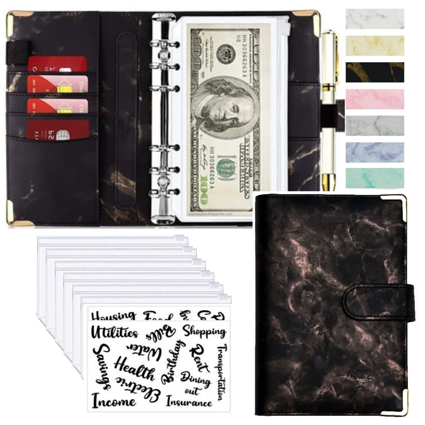 A6 PU Lederen Budget Planner Marble Notebook & Money Saving Organizer for Office, School & Personal Finance