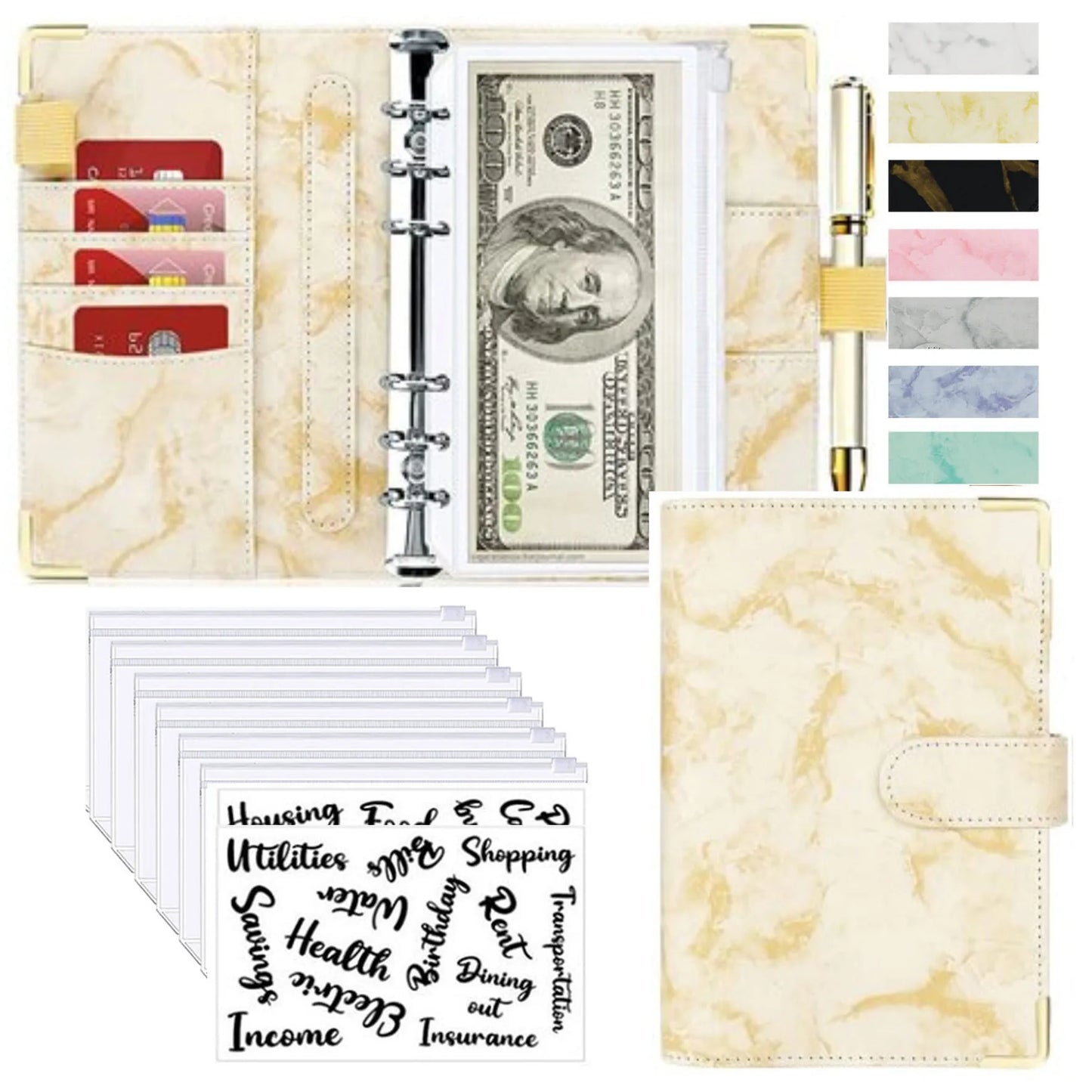 A6 PU Lederen Budget Planner Marble Notebook & Money Saving Organizer for Office, School & Personal Finance