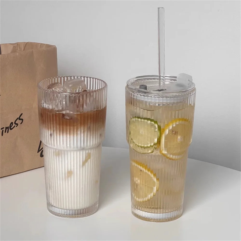 1/2 st 600ml Stripe Glass Cup met deksel en stro en Transparant Juice, Water en Iced Koffie Drinkglas