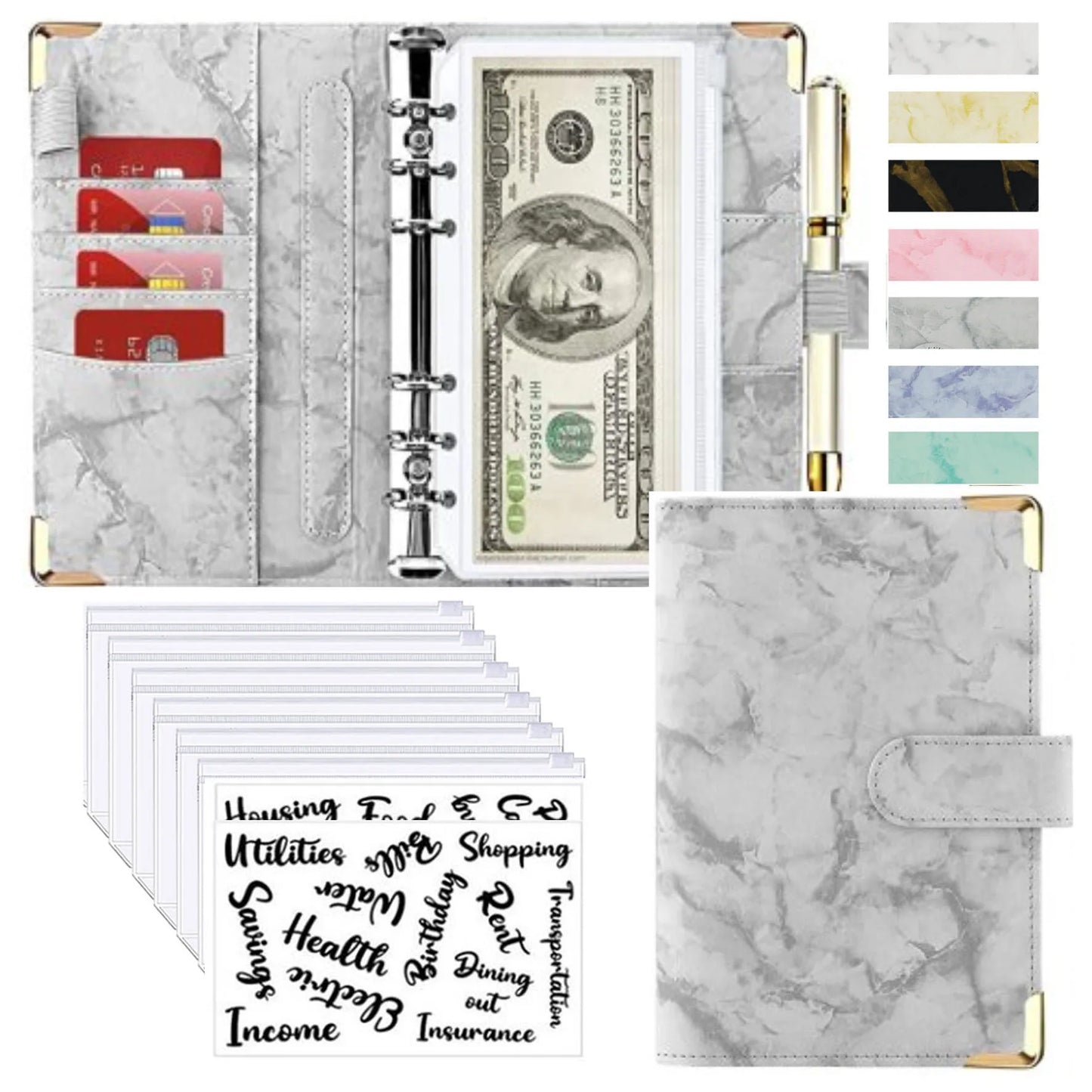 A6 PU Lederen Budget Planner Marble Notebook & Money Saving Organizer for Office, School & Personal Finance