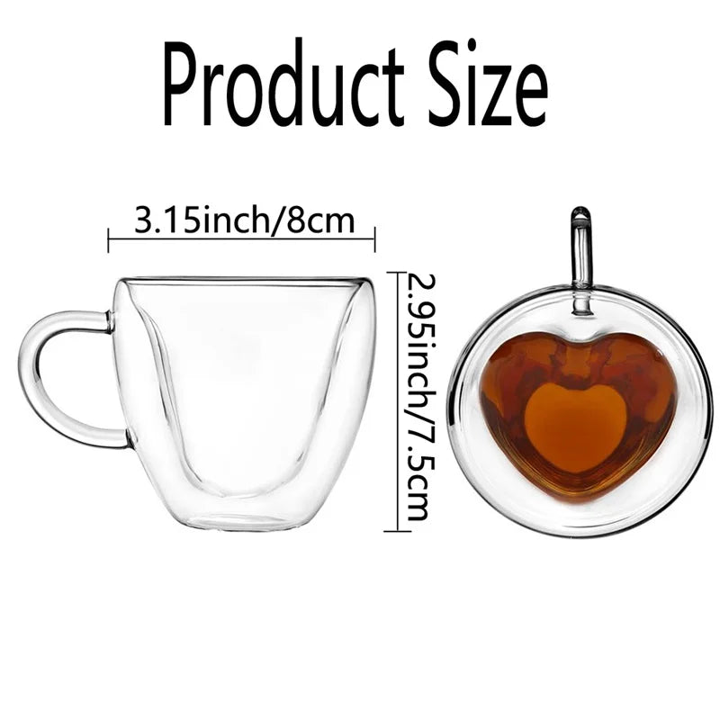 1/2pcs Herzförmige Doppelschicht Glas Tassen – Isolierte Tee & Kaffee Tassen mit Griff für Latte, Cappuccino, Milch