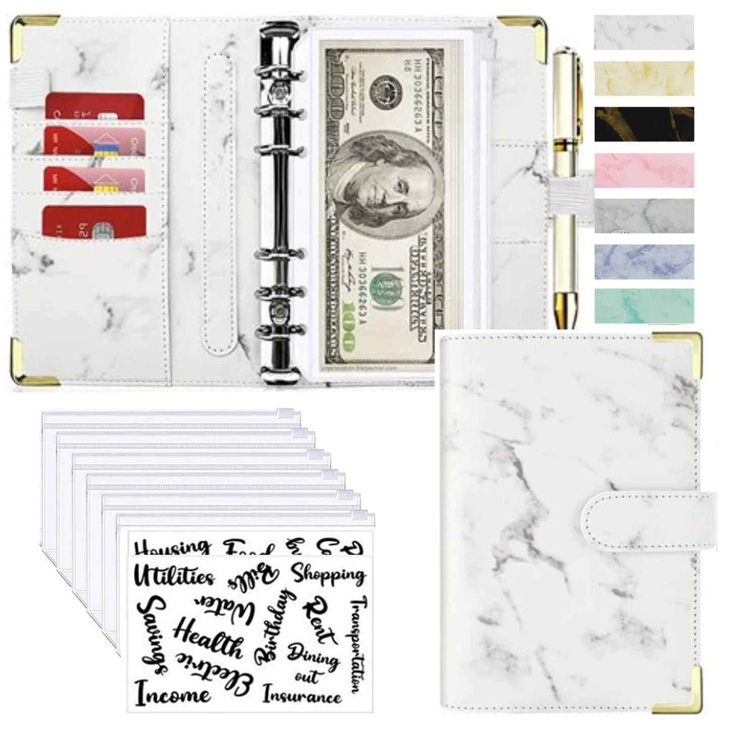 A6 PU Lederen Budget Planner Marble Notebook & Money Saving Organizer for Office, School & Personal Finance