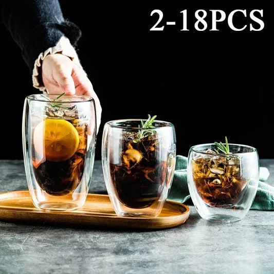 2-18PCS Dubbele wand Hoge Borosilicaat Glazen Mokken . . Heat Resistant Thee, Koffie, Melk en Juice Cups, Creative Bar Drinkware Cadeau set